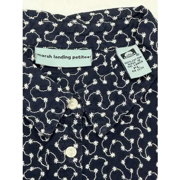 Marsh Landing Petites  Navy w/ White Flowers Button Down Sleeveless Vest PL - Picture 2 of 6